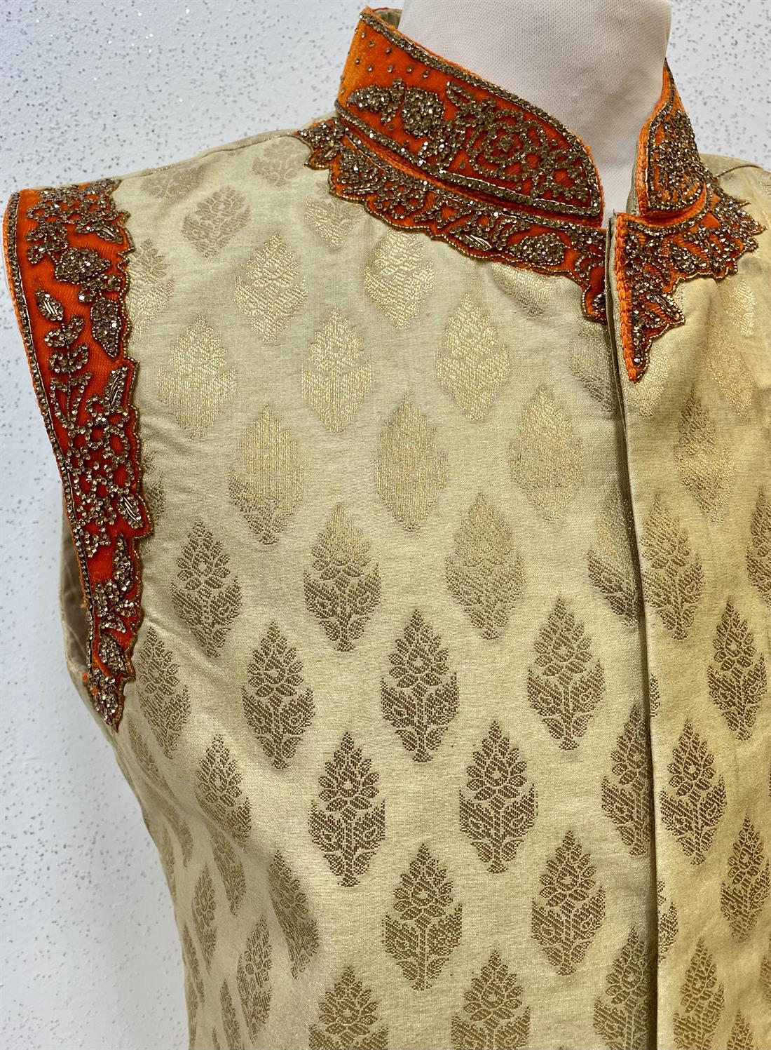 Gold & Orange Embroidered Velvet Mens Waistcoat