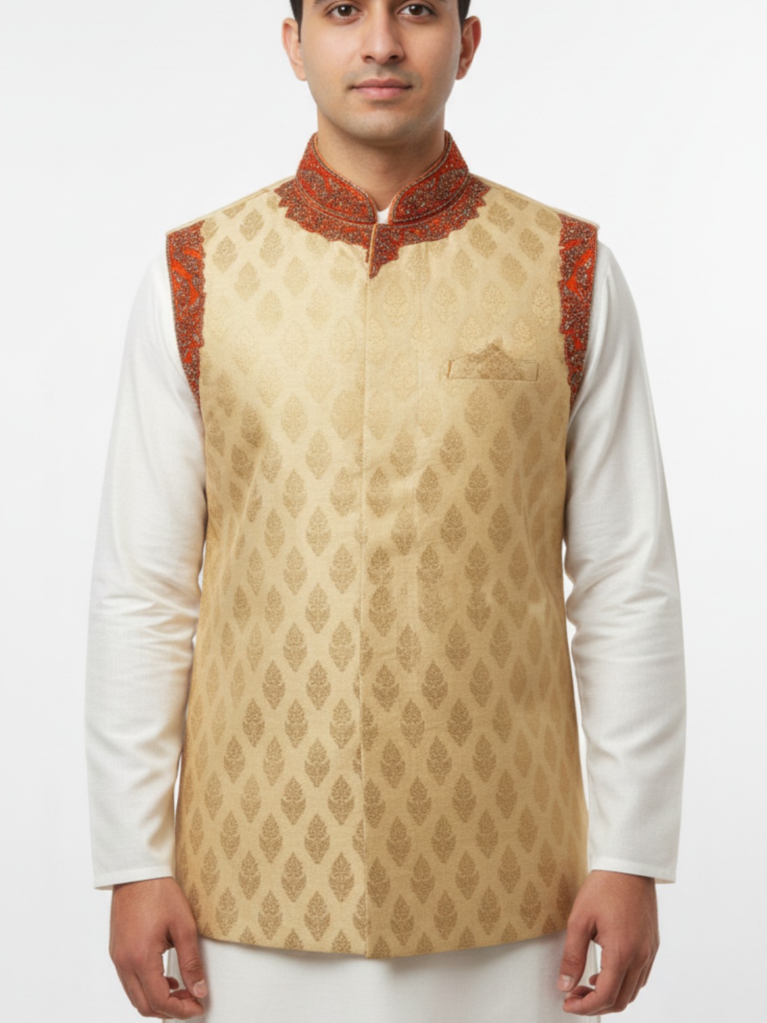 Gold & Orange Embroidered Velvet Mens Waistcoat