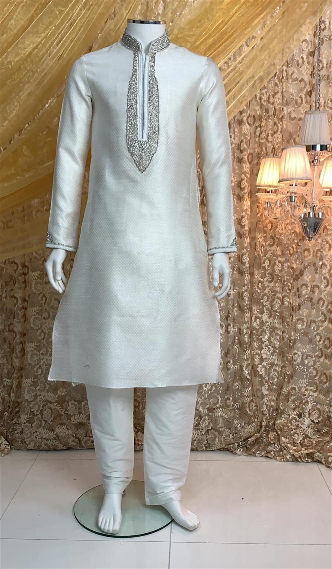 Ivory Embroidered Mens Kurta Pajama