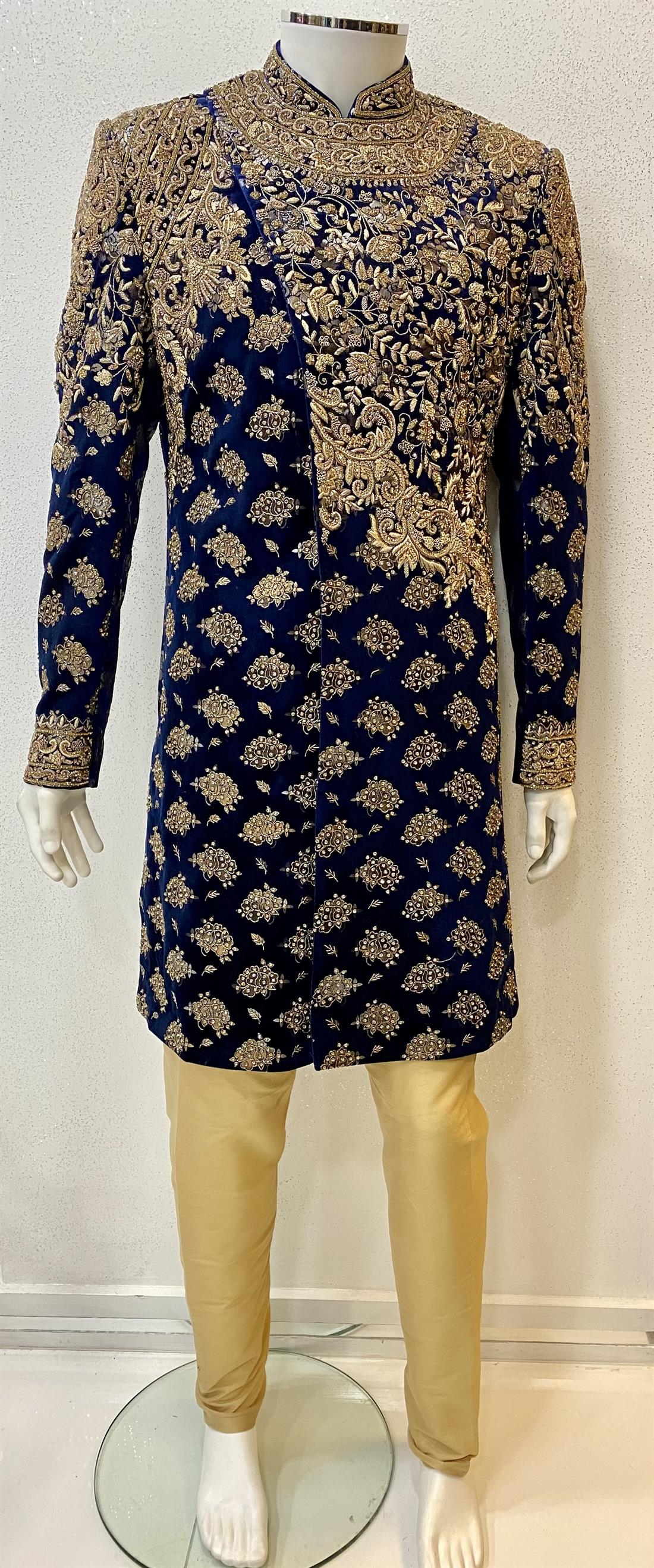 Navy & Gold Embroidered Velvet Mens Sherwani