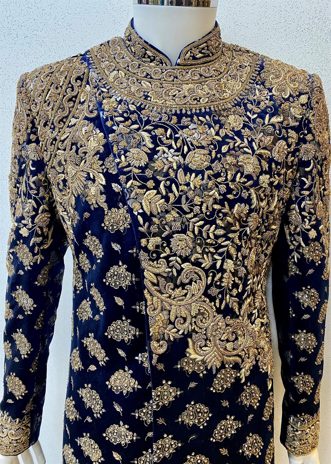 Navy & Gold Embroidered Velvet Mens Sherwani
