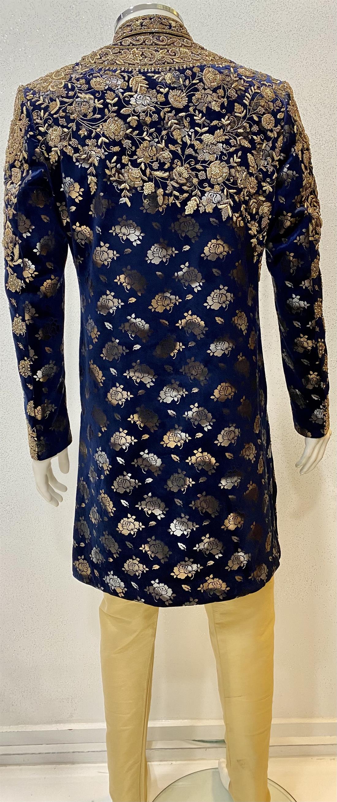 Navy & Gold Embroidered Velvet Mens Sherwani