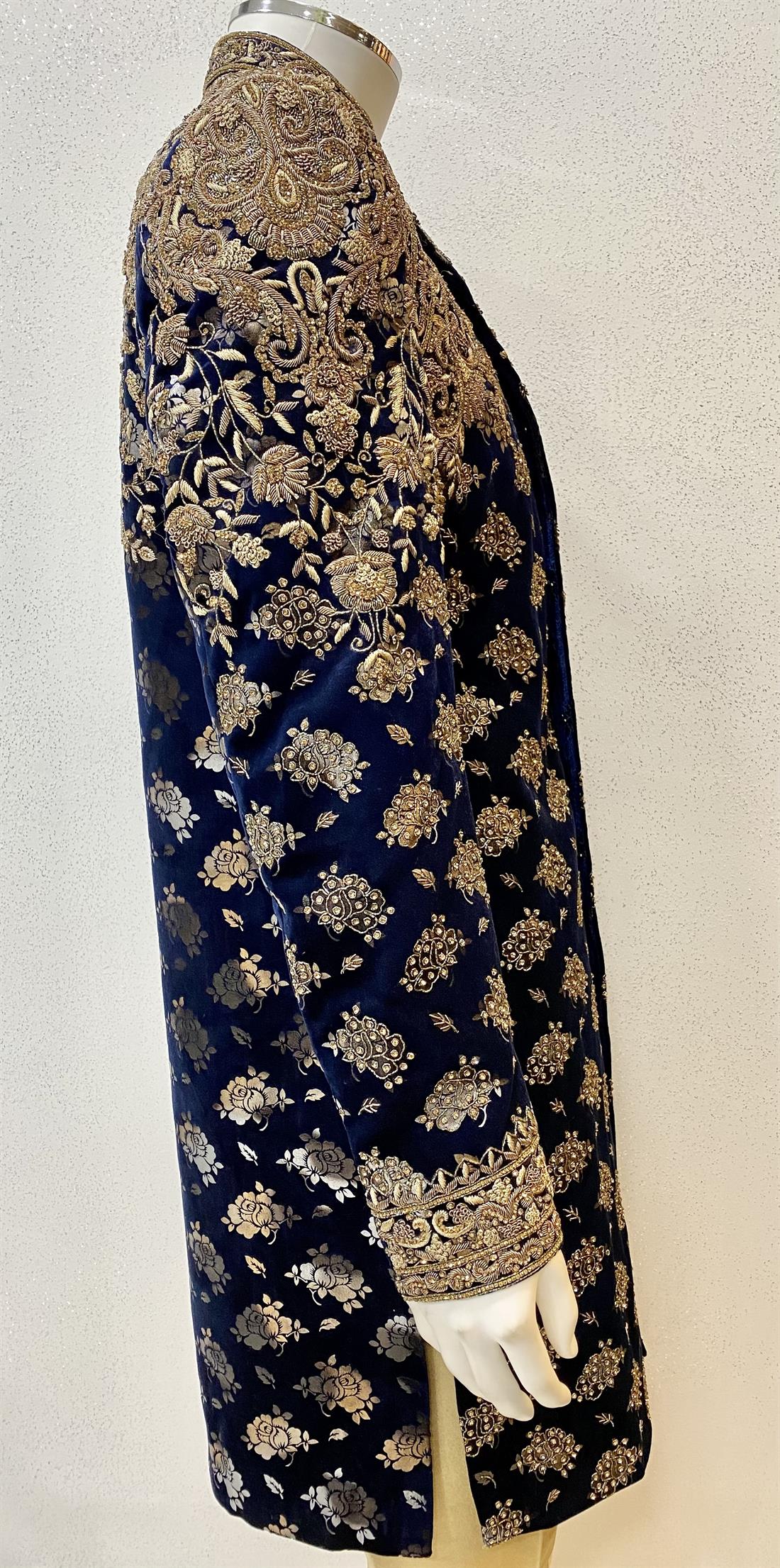Navy & Gold Embroidered Velvet Mens Sherwani