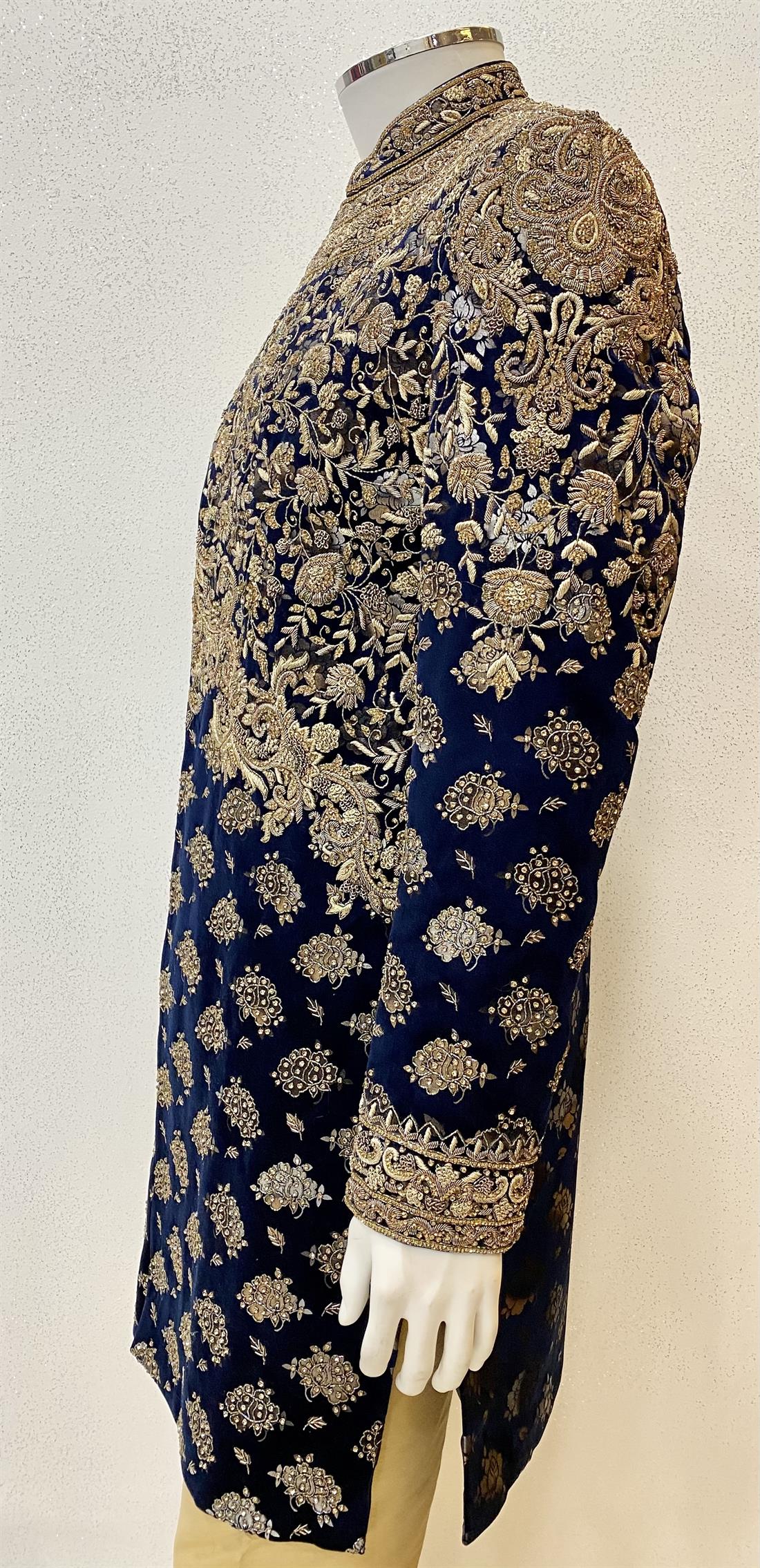 Navy & Gold Embroidered Velvet Mens Sherwani