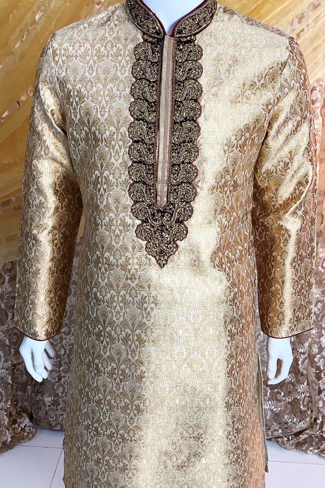 Gold & Maroon Brocade Kurta with Pajma Hand Embroidery