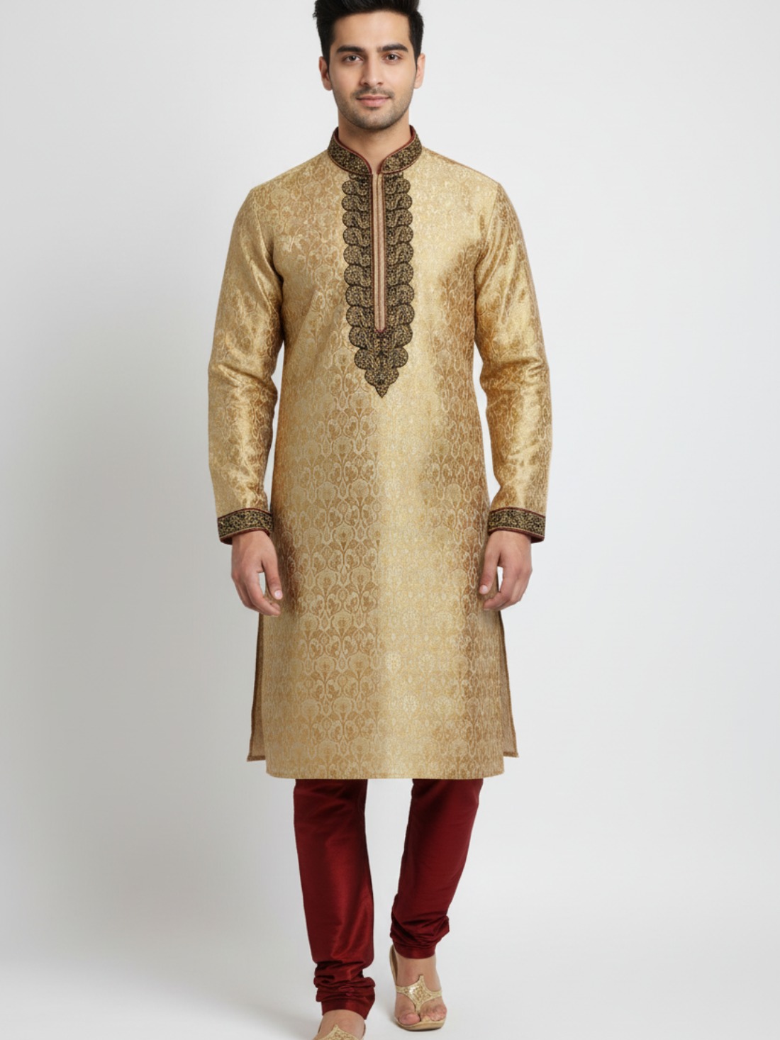 Gold & Maroon Brocade Kurta with Pajma Hand Embroidery