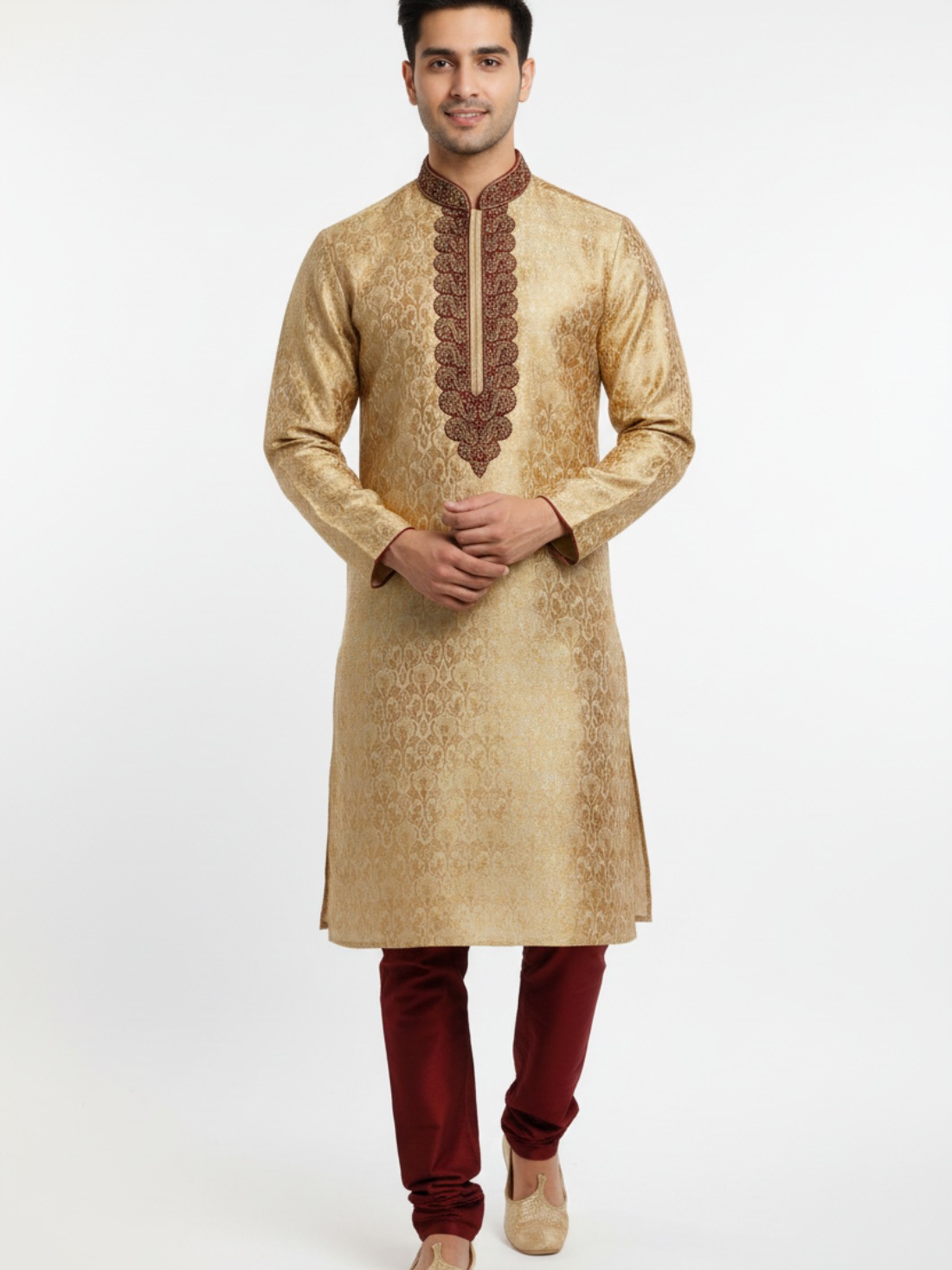 Gold & Maroon Brocade Kurta with Pajma Hand Embroidery