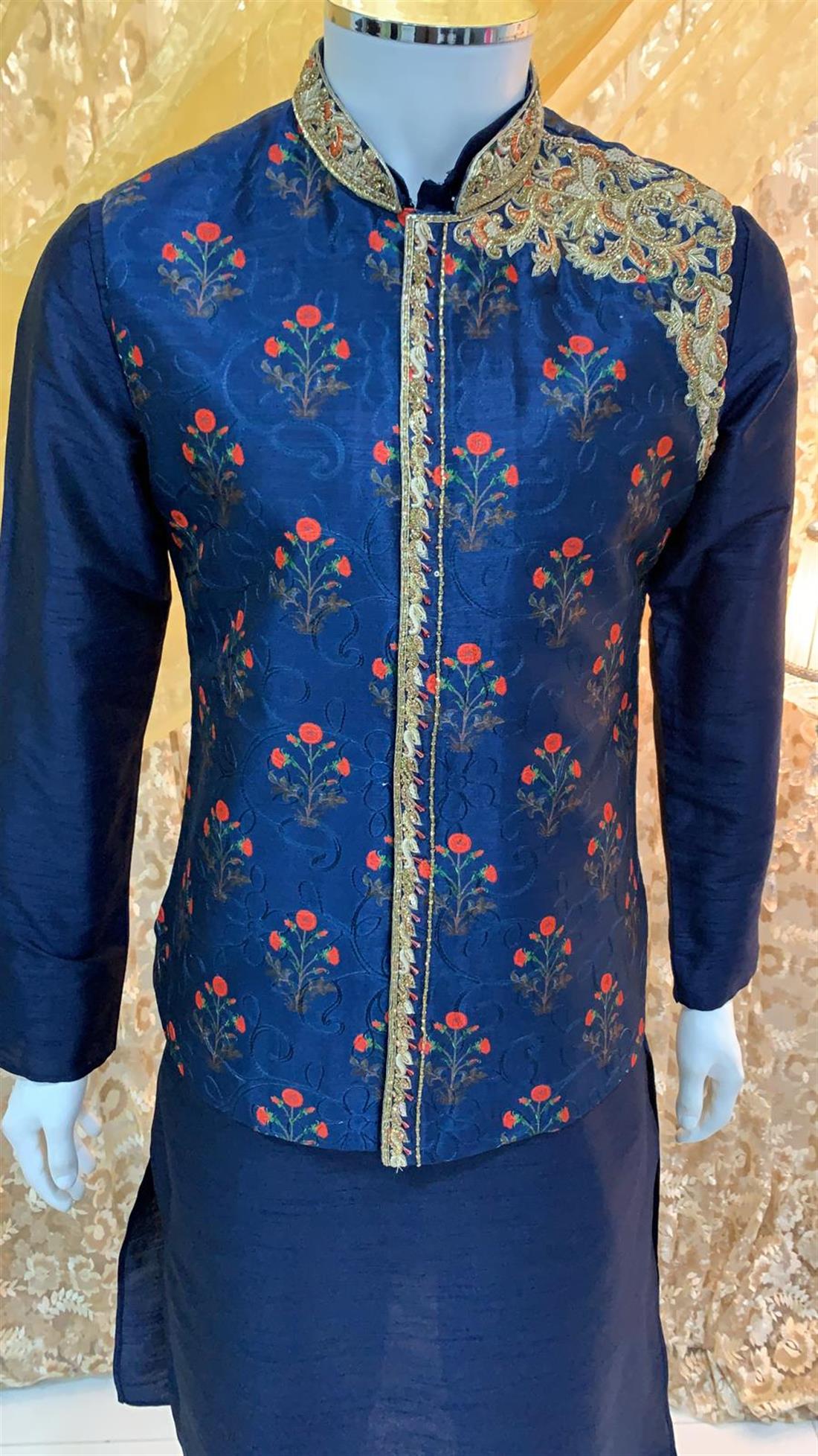 Navy Embroidered Mens Waistcoat