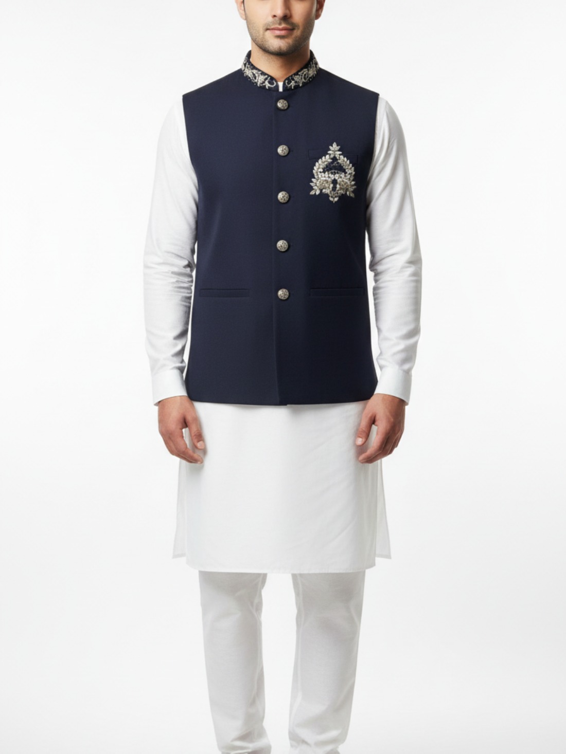 Navy Mens Waistcoat in Suiting Fabric with Hand Embellishment