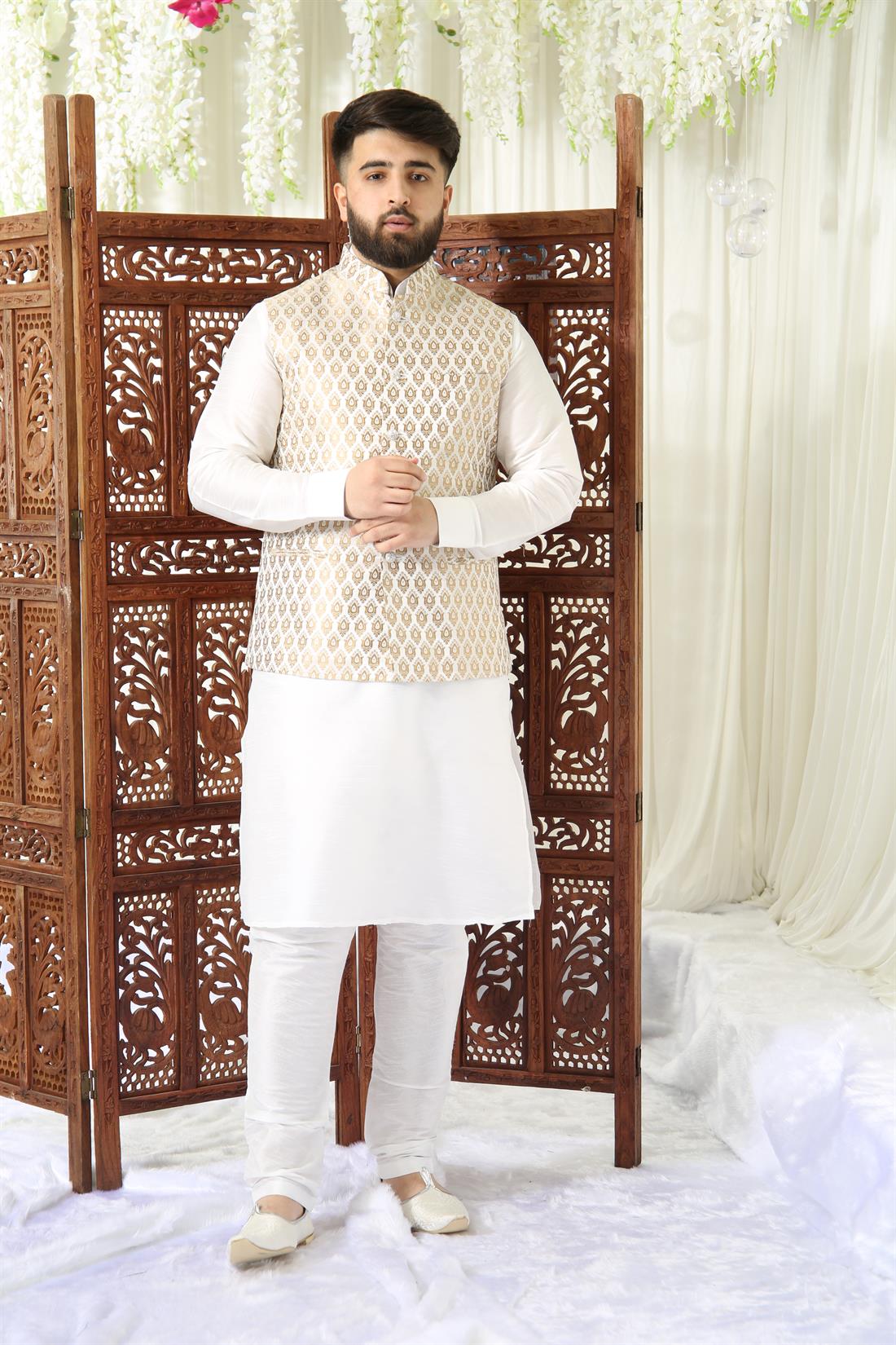Gold Brocade Waistcoat with Diamontee Buttons.