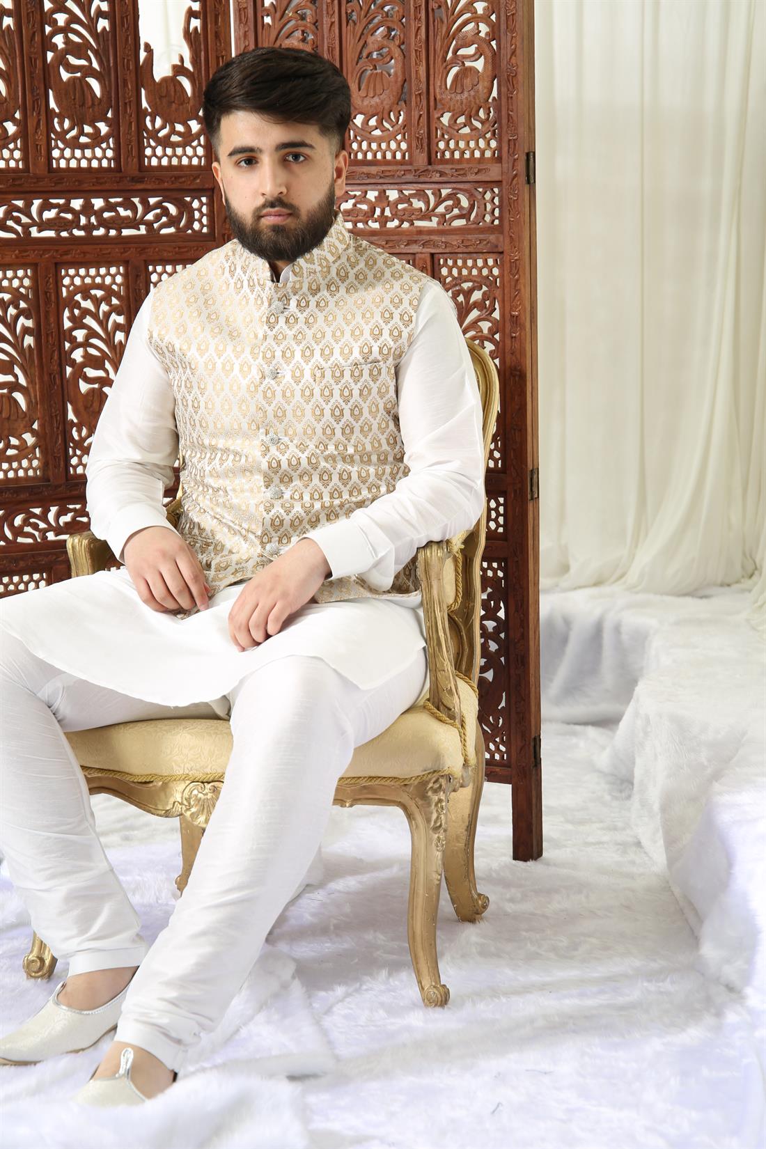 Gold Brocade Waistcoat with Diamontee Buttons.