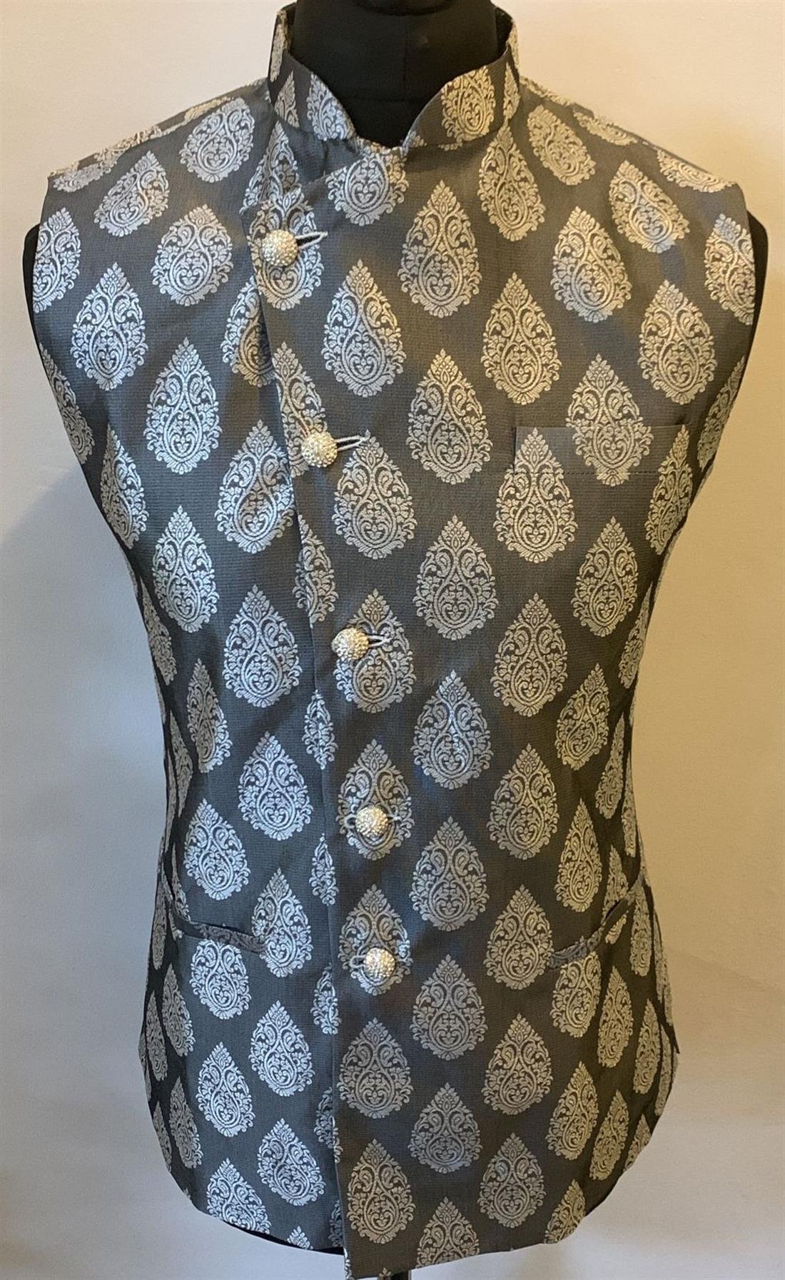 Grey Black Brocade Waistcoat