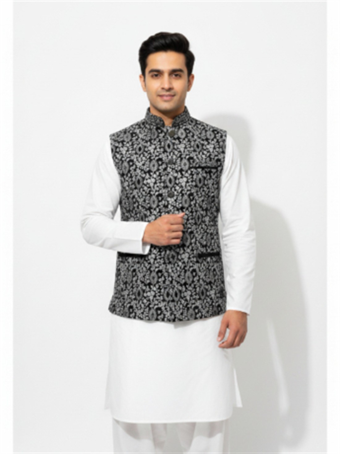 Black & Grey Embroidered Mens Waistcoat