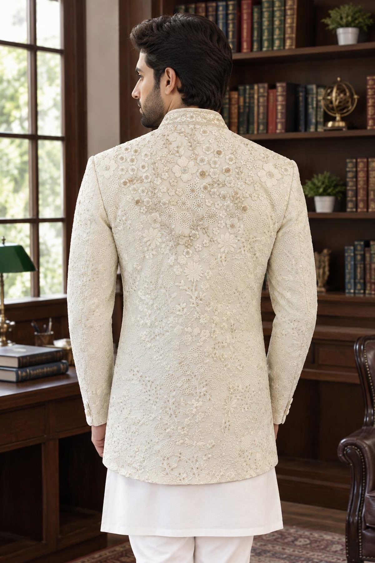 Cream Embroidered Velvet Mens Prince Coat