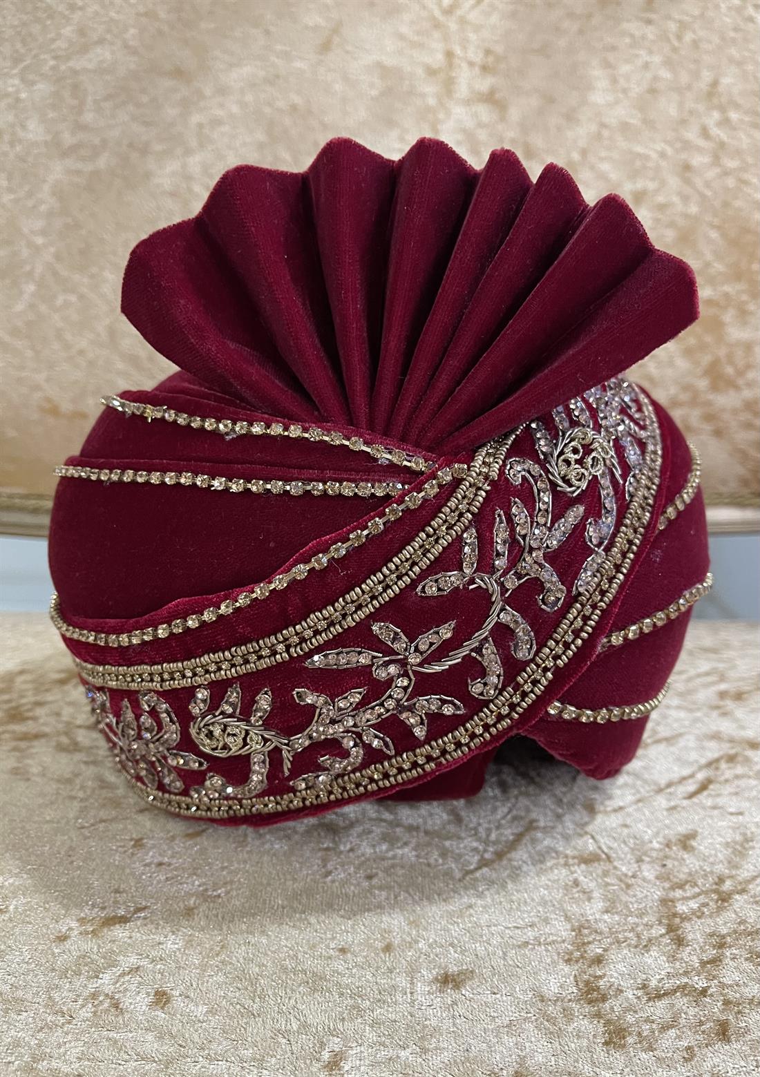 Maroon & Gold Embroidered Velvet Mens Turban