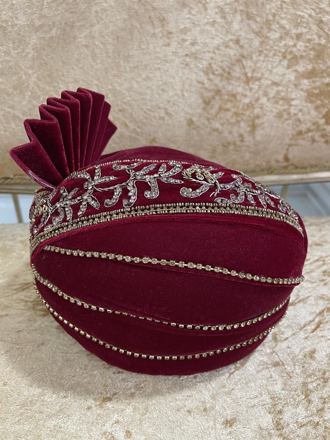 Maroon & Gold Embroidered Velvet Mens Turban