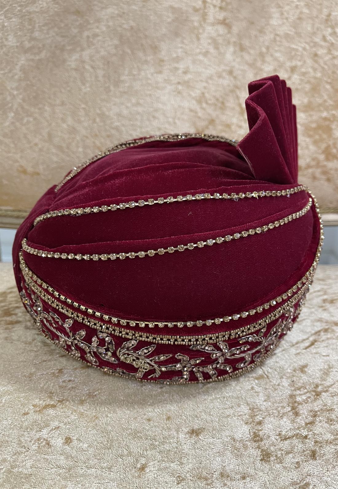 Maroon & Gold Embroidered Velvet Mens Turban