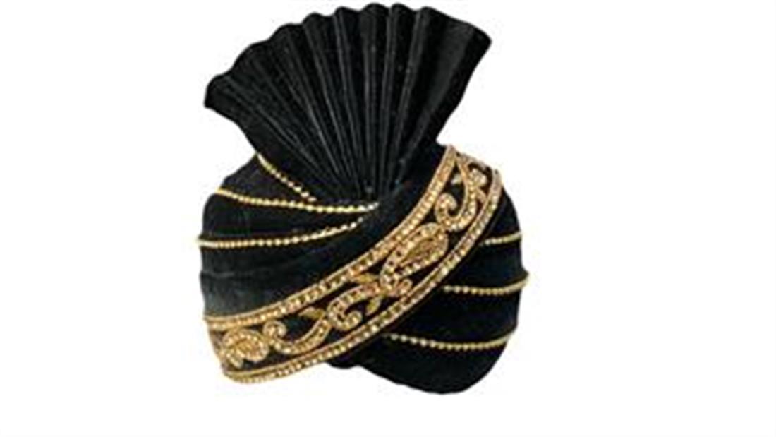 Black & Gold Embroidered Velvet Mens Turban Kula