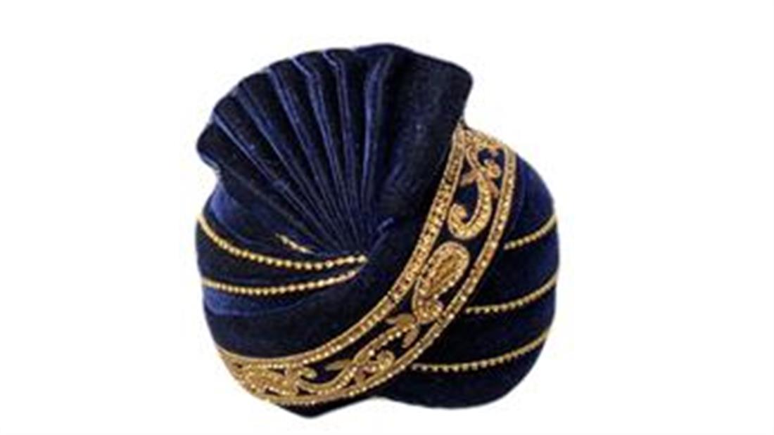 Navy & Gold Embroidered Velvet Mens Turban Kula