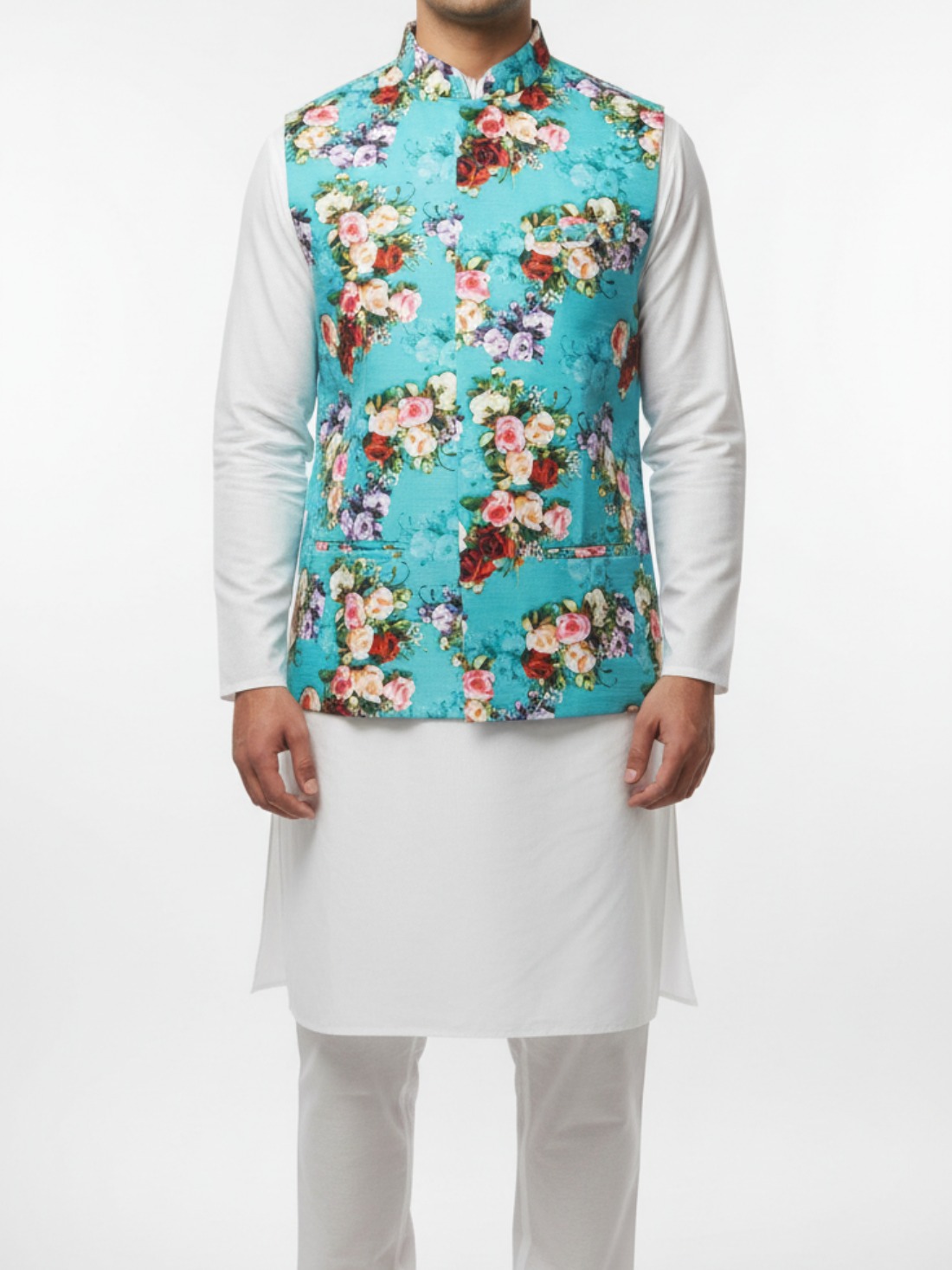 Turquoise Floral Digital Print Design on Silk Blend Fabric