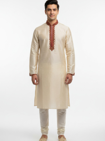 Textured  kurta pajma With gold hand emb with touch of machine, on the neck line and collar This is