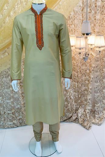 Gold kurta pajma with neckline embroidery