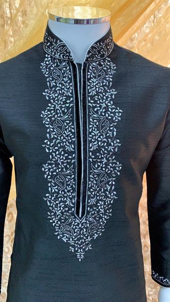 Black & Silver Embroidered Silk Mens Kurta Pajama