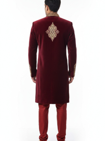 Maroon & Gold Embroidered Velvet Sherwani