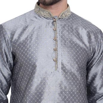 Grey Mens Brocade Kurta Pyjama