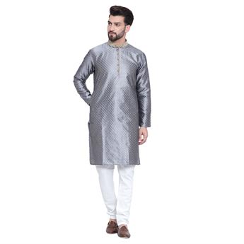 Grey Mens Brocade Kurta Pyjama