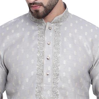 Grey Brocade Kurta Comes with a Matching Plain Pyjama