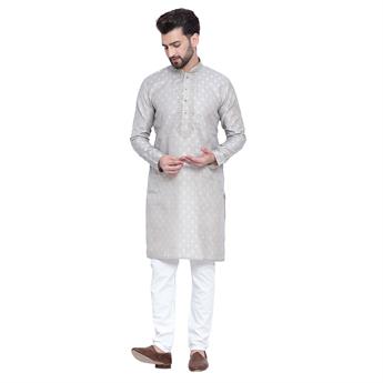 Grey Brocade Kurta Comes with a Matching Plain Pyjama