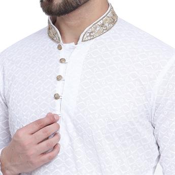 White Printed Cotton Kurta Pajama