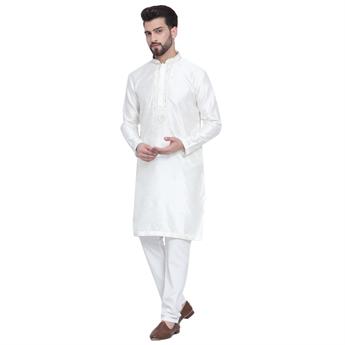 Cream Mens Foan Kurta Pyjama with Hand Embellishments