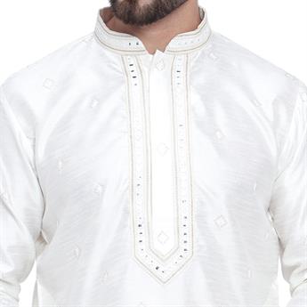 Cream Mens Foan Kurta Pyjama with Hand Embellishments