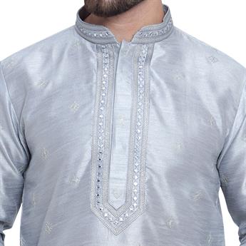 Grey Mens Foan Kurta Pyjama with Hand Embellishments