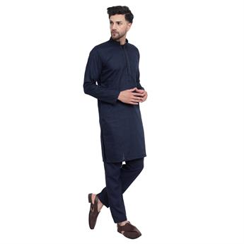 Navy Embroidered Mens Poly Blended Kurta Pyjama Set
