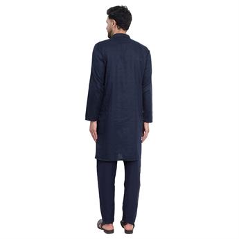 Navy Embroidered Mens Poly Blended Kurta Pyjama Set
