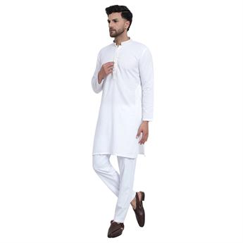 Off White Embroidered Mens Poly Blended Kurta Pyjama Set