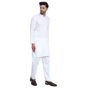 Off White Embroidered Mens Poly Blended Kurta Pyjama Set