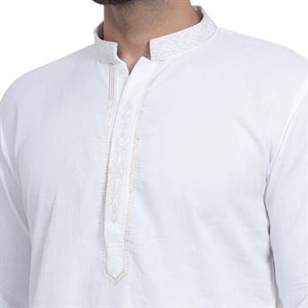 Off White Embroidered Mens Poly Blended Kurta Pyjama Set