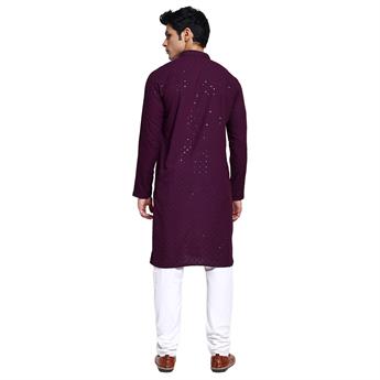Purpl Cotton Sequin Work Embroidered Chikankari Kurta for Men