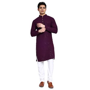 Purpl Cotton Sequin Work Embroidered Chikankari Kurta for Men