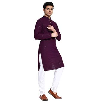 Purpl Cotton Sequin Work Embroidered Chikankari Kurta for Men