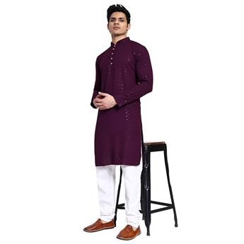 Purpl Cotton Sequin Work Embroidered Chikankari Kurta for Men