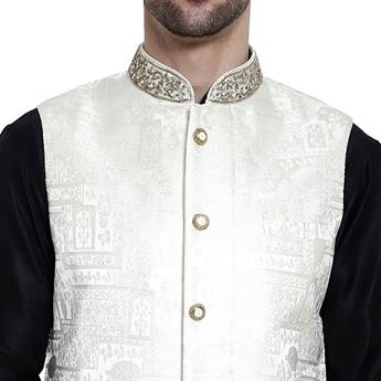 Ivory Mens Brocade Waistcoat with Hand-Embellished Neckline