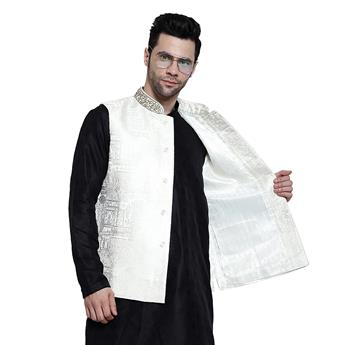 Ivory Mens Brocade Waistcoat with Hand-Embellished Neckline