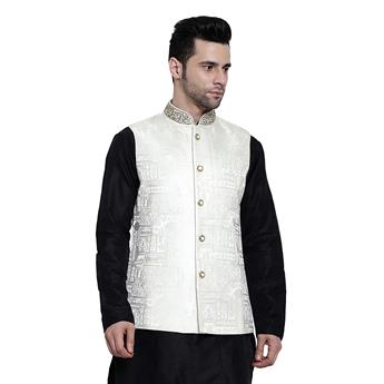 Ivory Mens Brocade Waistcoat with Hand-Embellished Neckline
