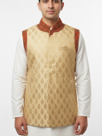 Gold brocade waistcoat with gold embroidery on the orange velvet
