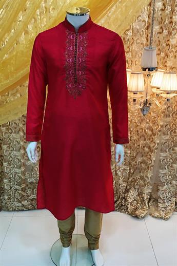 Fuchsia kurta with gold pajma. Neckline Embroidery done in gold and pink with fine piping detailing